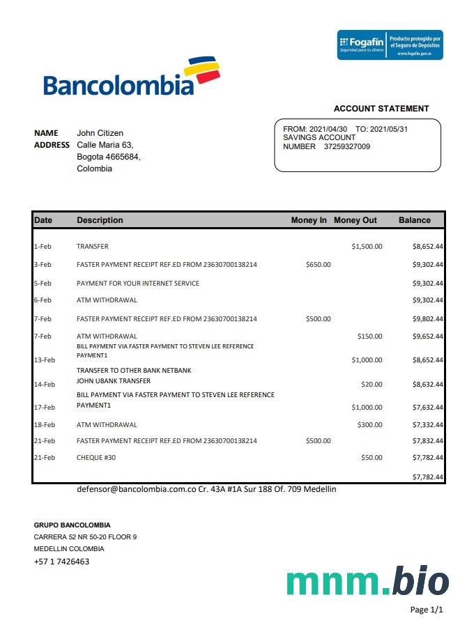 Szablon wyciągu bankowego Colombia Bancolombia w programie Word i PDF